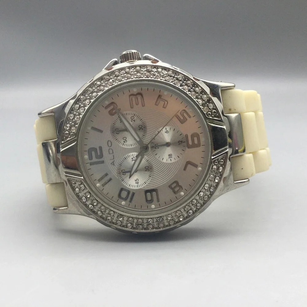 ALDO Womens Watch 41mm Silver Dial Crystals Beige Silicone New Battery 6.75